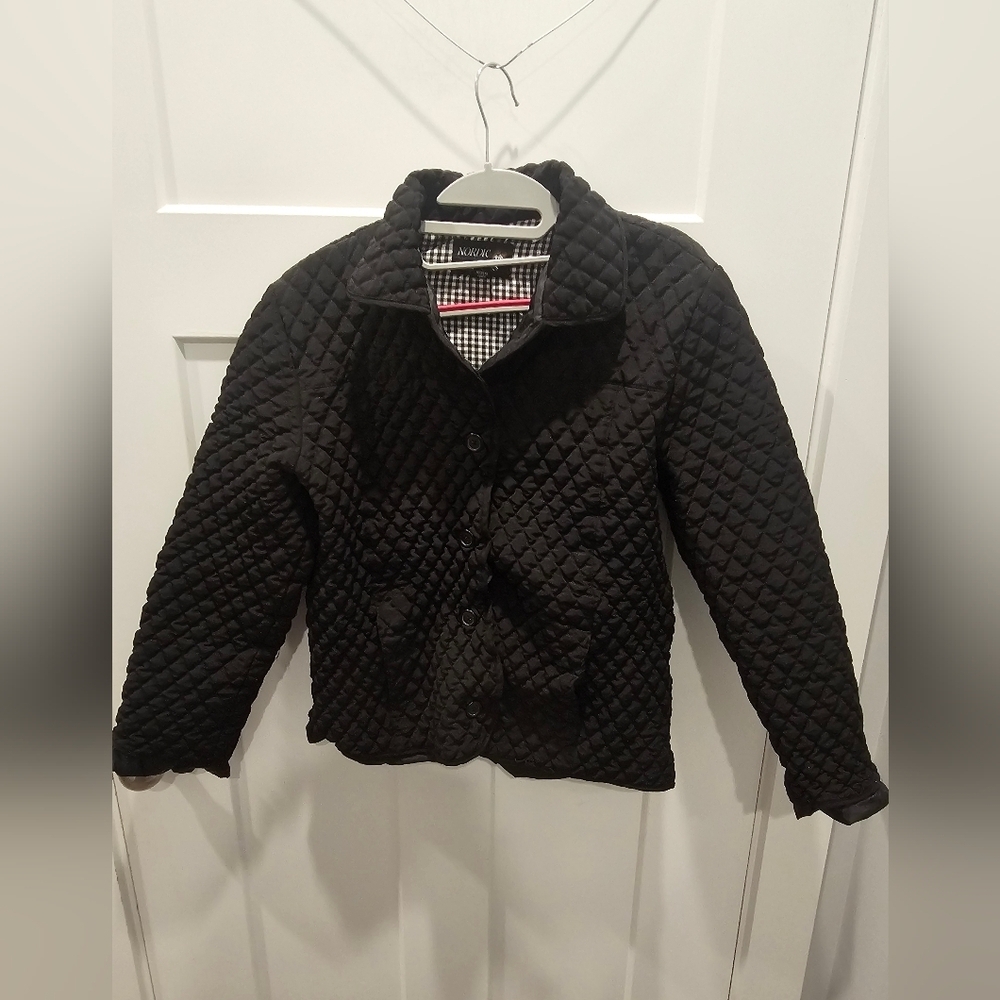 Nordic Lights Black Quilted Jacket Women’s L Gingham Lining Button Front Vintage